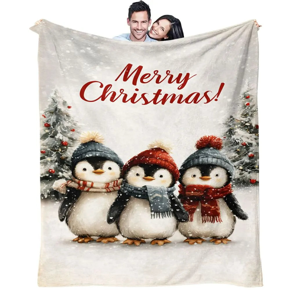 Festive Christmas Penguins Merry Christmas White Pattern Multipurpose Throw Blanket