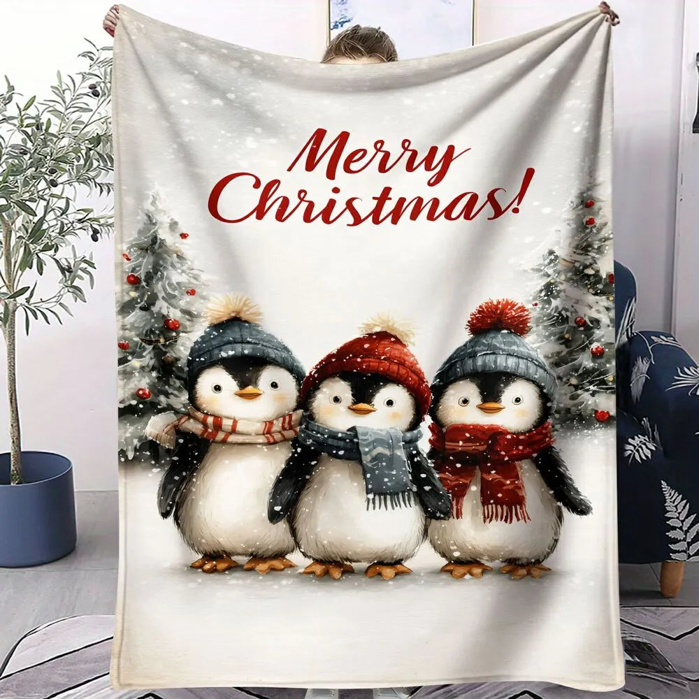 Festive Christmas Penguins Merry Christmas White Pattern Multipurpose Throw Blanket