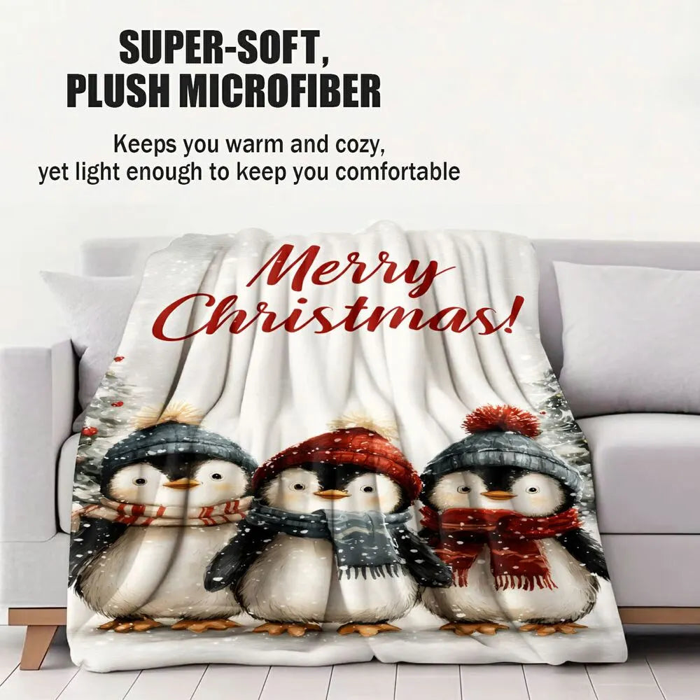 Festive Christmas Penguins Merry Christmas White Pattern Multipurpose Throw Blanket