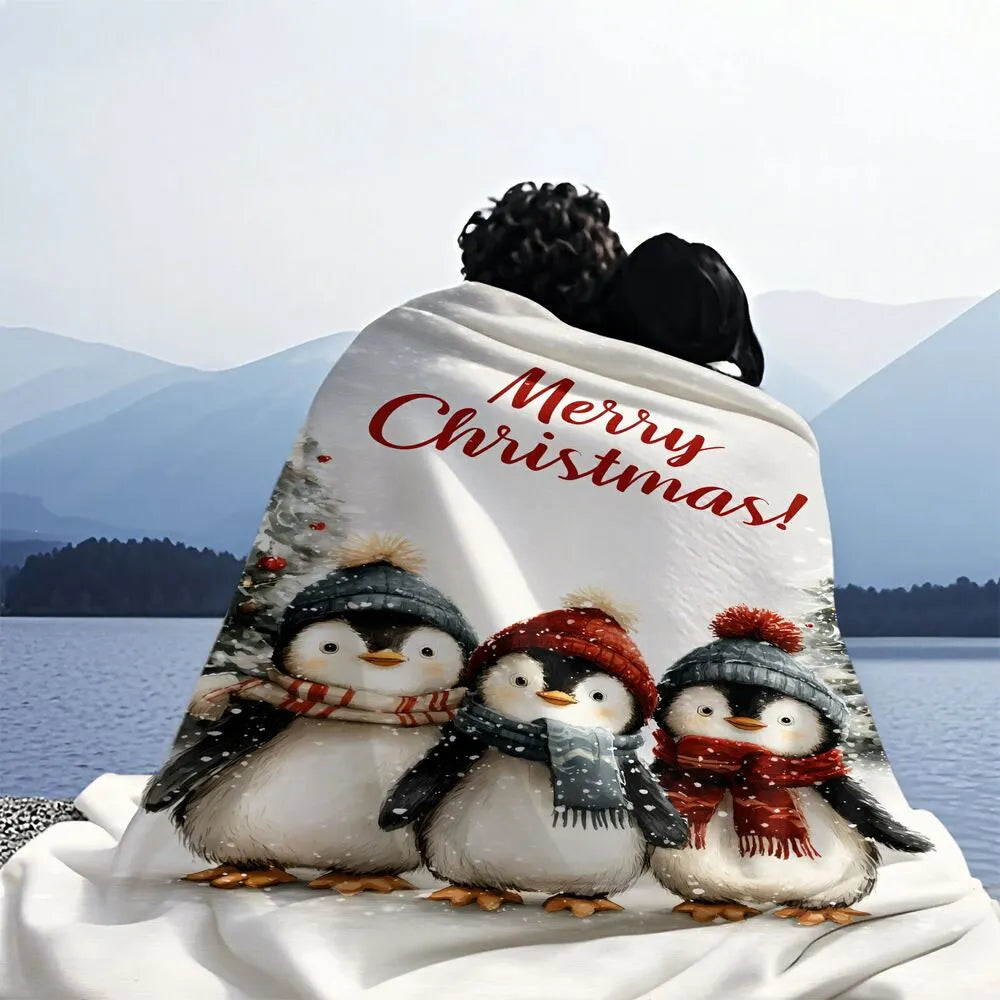 Festive Christmas Penguins Merry Christmas White Pattern Multipurpose Throw Blanket