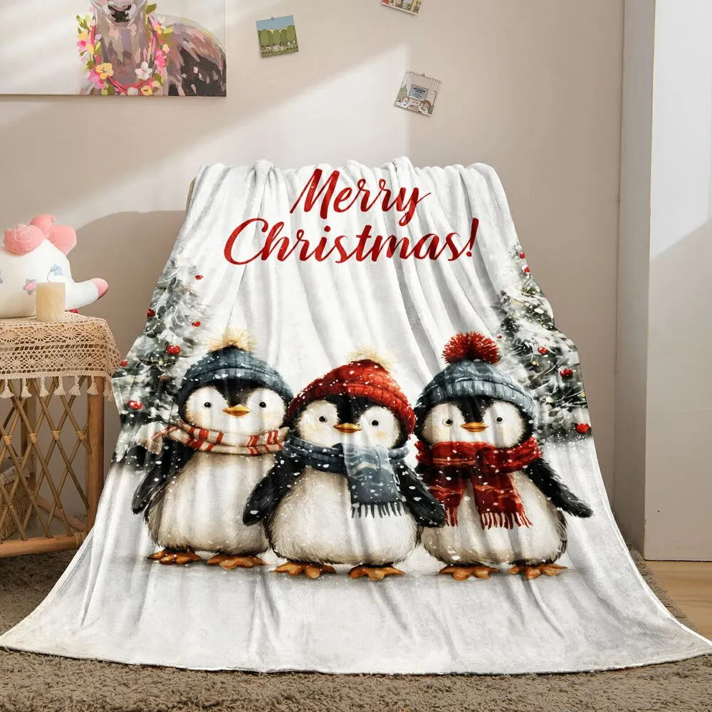 Festive Christmas Penguins Merry Christmas White Pattern Multipurpose Throw Blanket